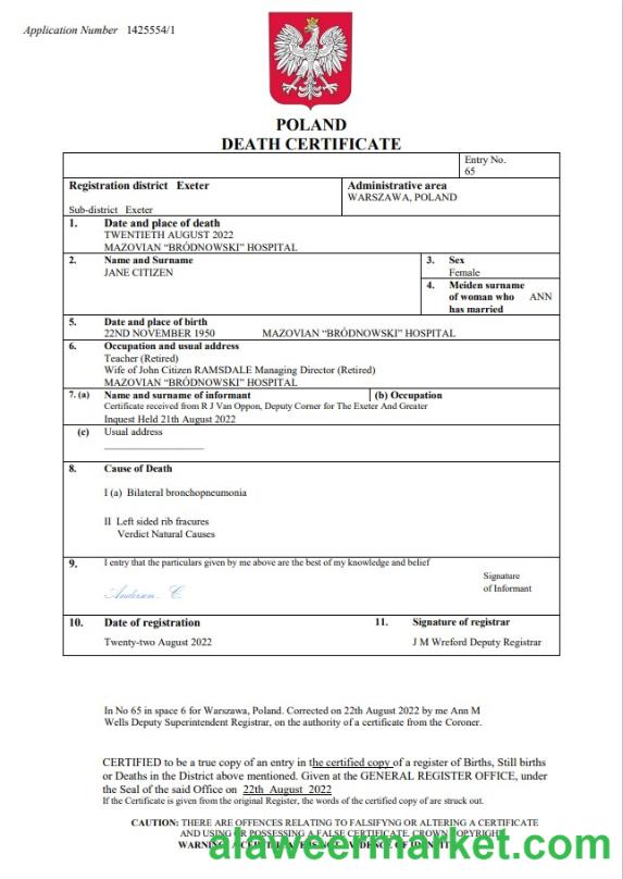 Poland death certificate Word and PDF template